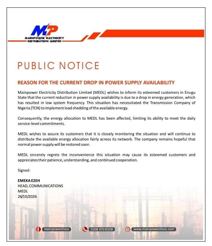 MEDL announces a six-day planned power outage in Nsukka and surrounding communities for TCN station maintenance from November 5 to 10, 2026.